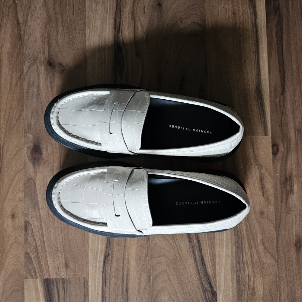White and Black Leather Slip-On Loafers with Penny Strap